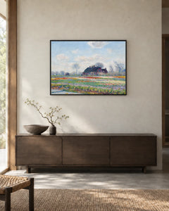 Tulip Fields at Sassenheim — styled room visualisation in a black frame