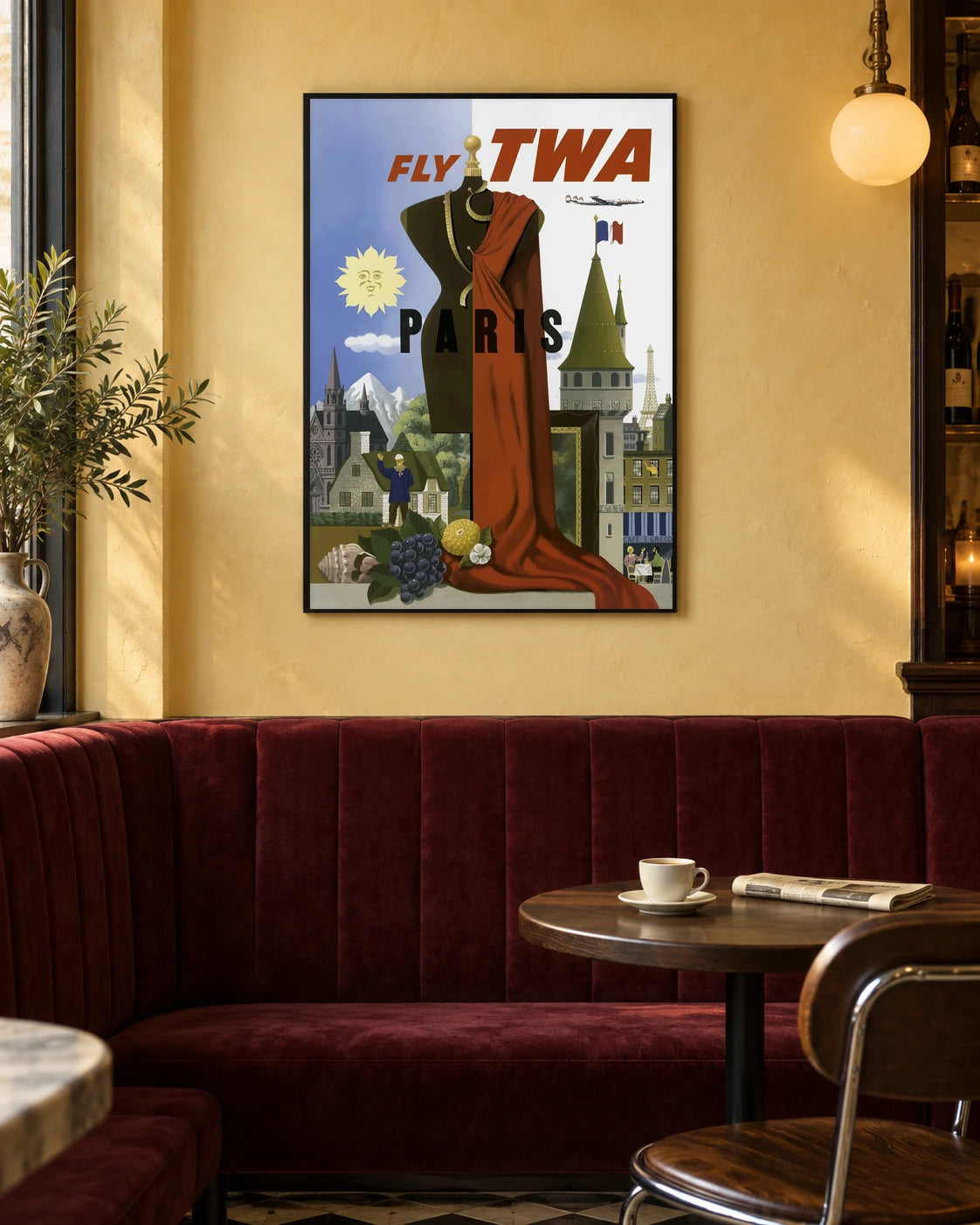 TWA Paris Vintage Travel Poster in a styled interior