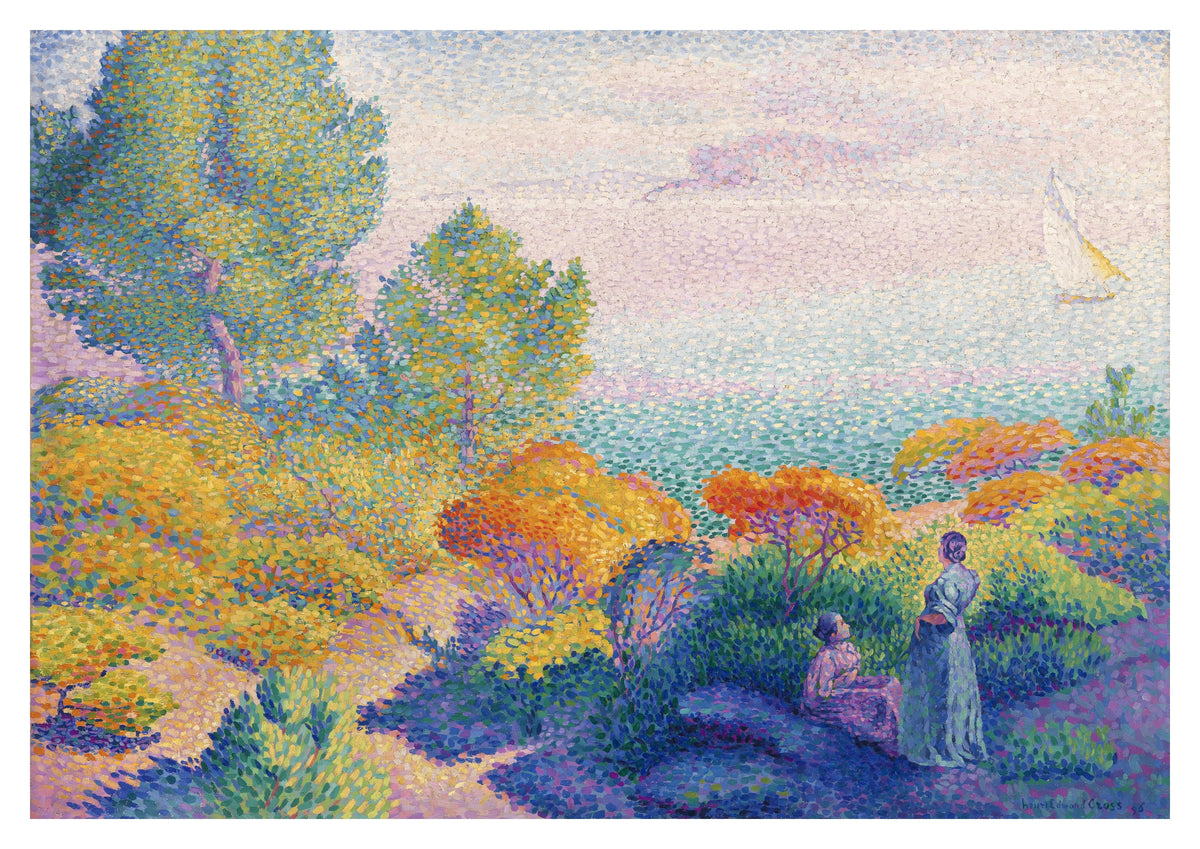 Two Women by the Shore Art Print by Henri-Edmond Cross (1896). Small touches of colour build a luminous Mediterranean landscape around two figures by the shore