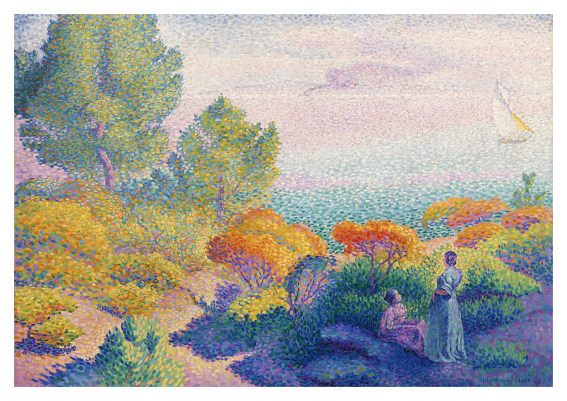 Two Women by the Shore Art Print by Henri-Edmond Cross (1896). Small touches of colour build a luminous Mediterranean landscape around two figures by the shore