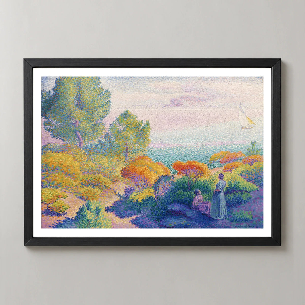 Two Women by the Shore Art Print by Henri-Edmond Cross (1896) in a black frame, front view