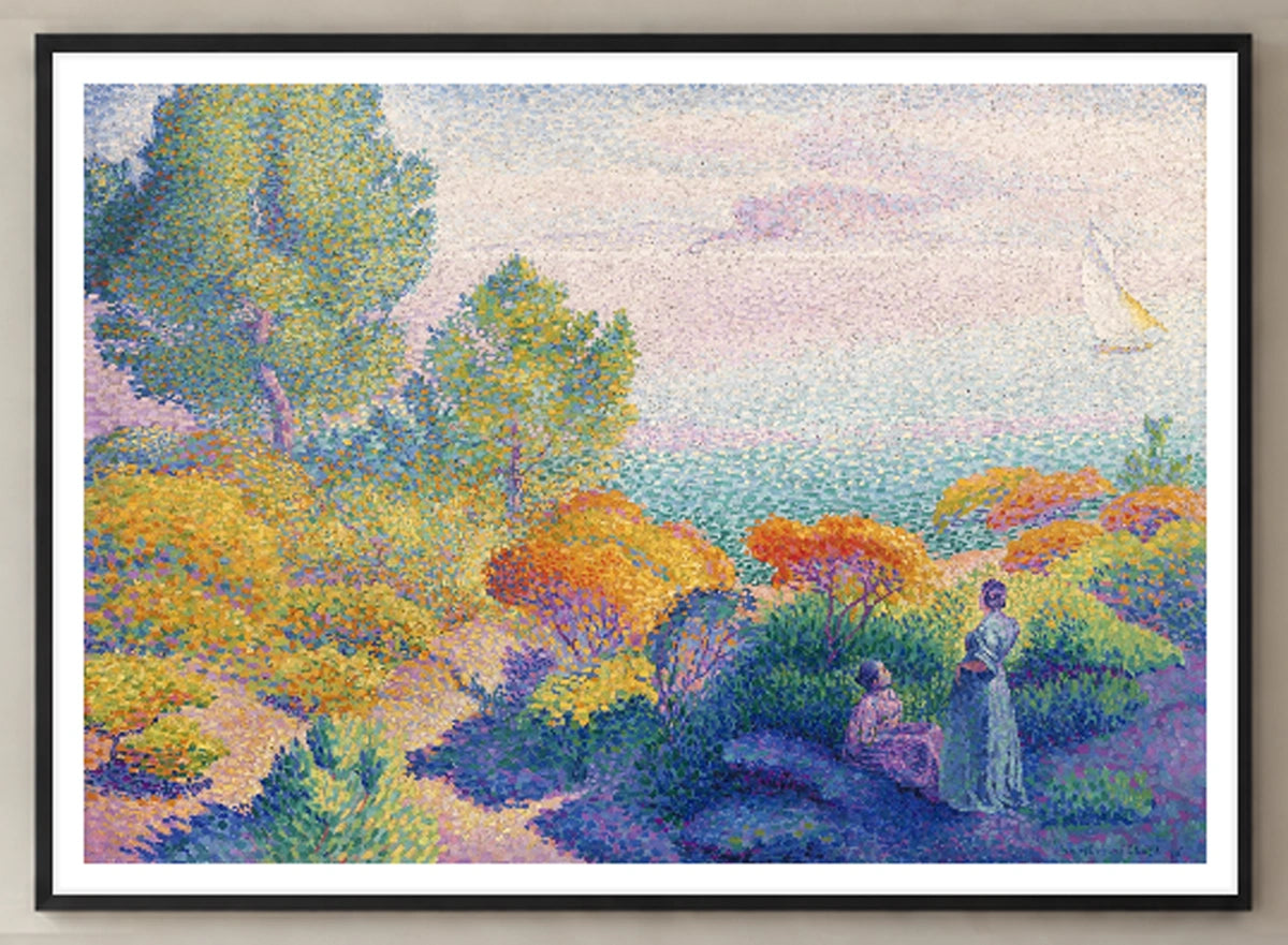 Two Women by the Shore Art Print by Henri-Edmond Cross (1896) in a black frame; close-up of the framed artwork.