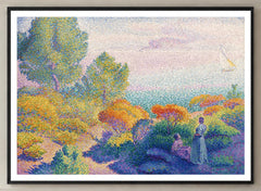 Two Women by the Shore Art Print by Henri-Edmond Cross (1896) in a black frame; close-up of the framed artwork.