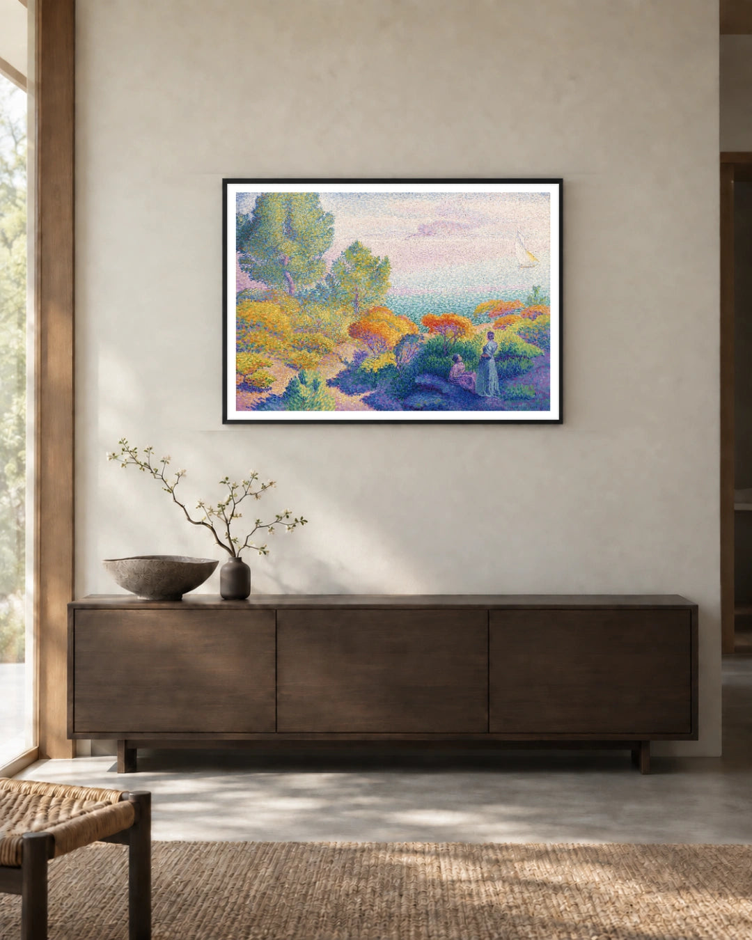 Two Women by the Shore Art Print by Henri-Edmond Cross (1896) in a black frame; styled landscape setting.