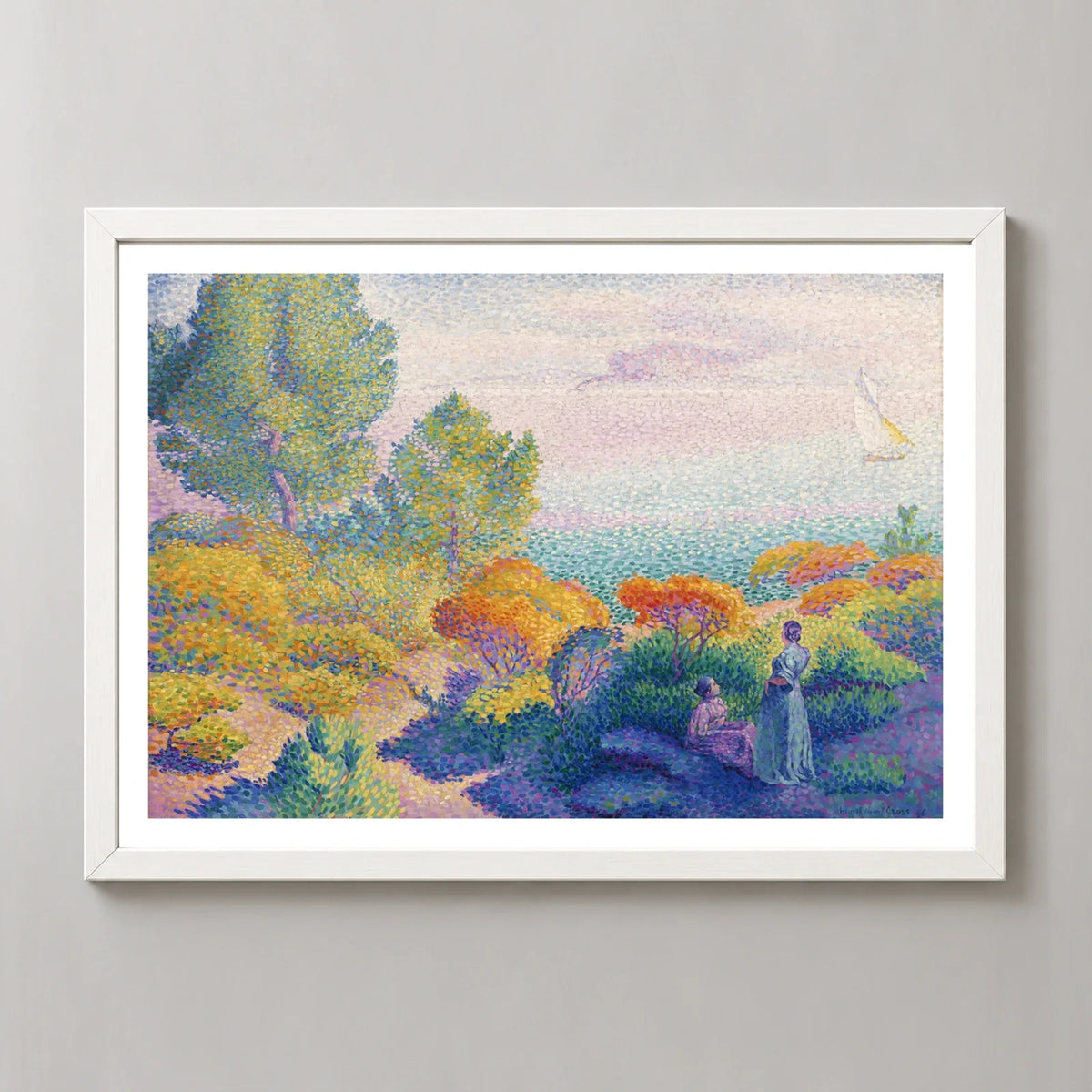 Two Women by the Shore Art Print by Henri-Edmond Cross (1896) in a white frame, front view