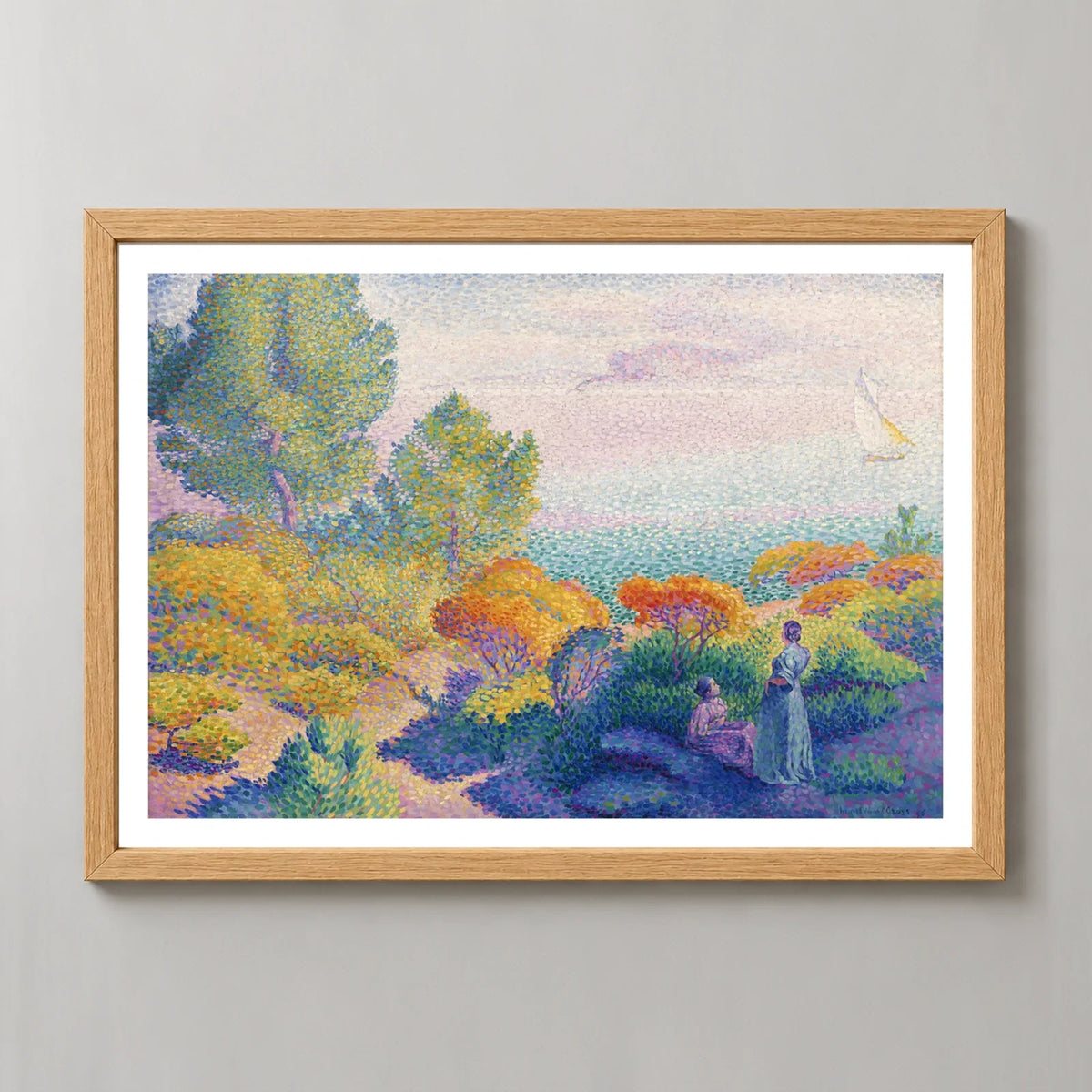 Two Women by the Shore Art Print by Henri-Edmond Cross (1896) in a natural wood frame, front view