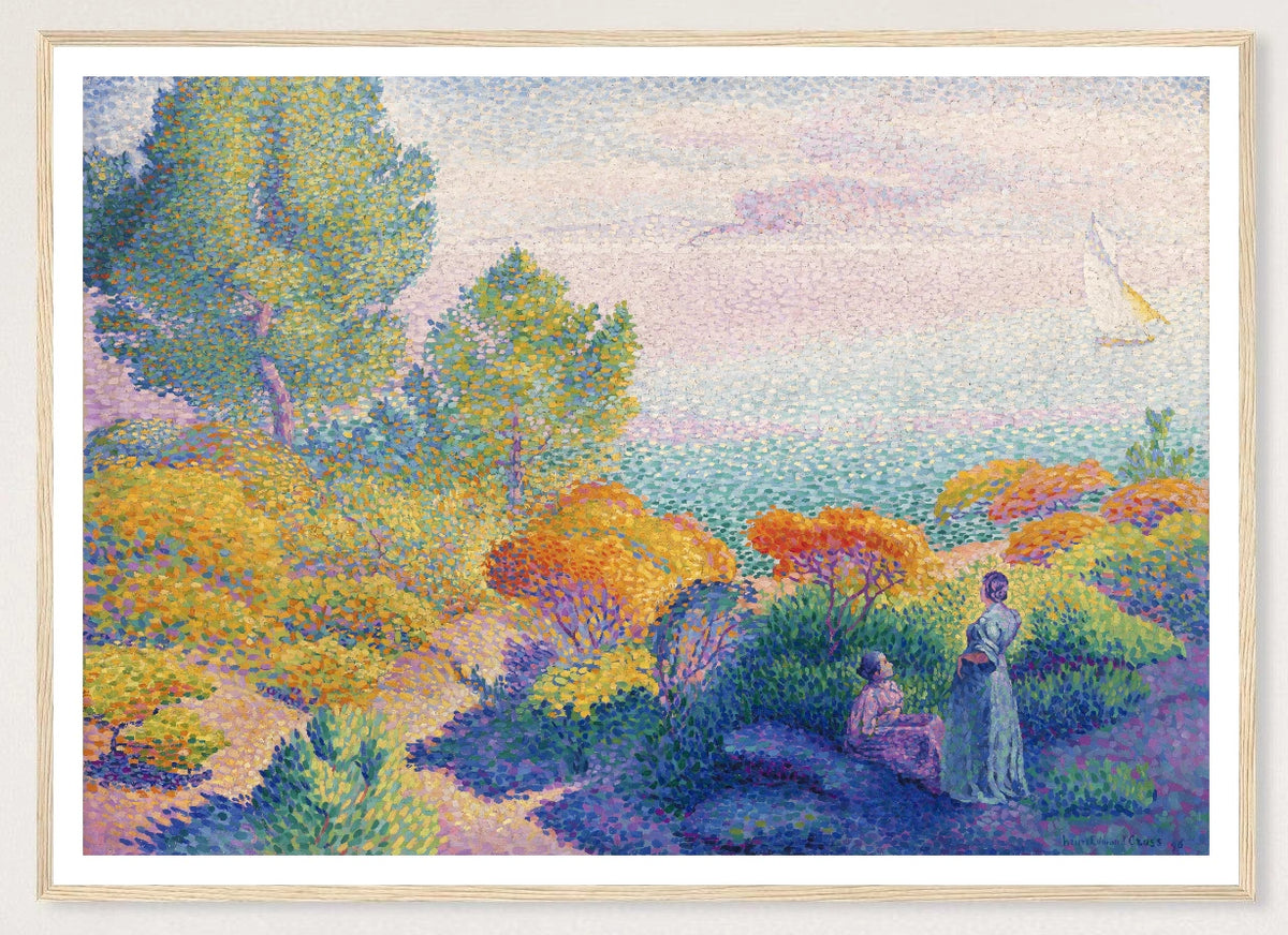Two Women by the Shore in a natural wood frame; landscape front-view mockup
