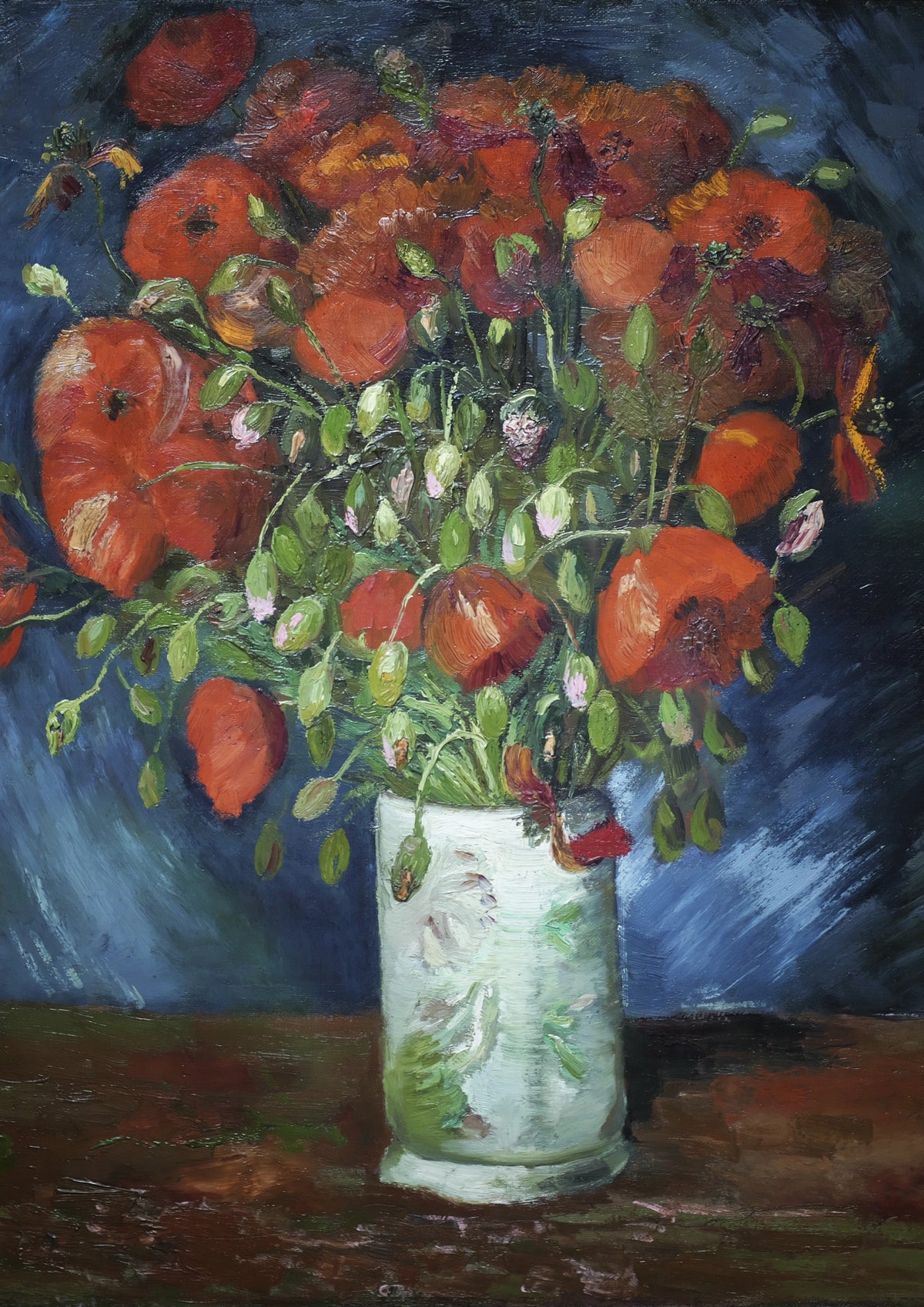Vase with Poppies Art Print by Vincent van Gogh. Scarlet poppies and loose green foliage rise from a pale vase against a deep blue ground