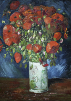 Vase with Poppies Art Print by Vincent van Gogh. Scarlet poppies and loose green foliage rise from a pale vase against a deep blue ground