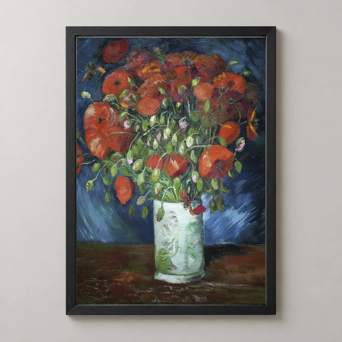 Vase with Poppies Art Print by Vincent van Gogh in a black frame, front view