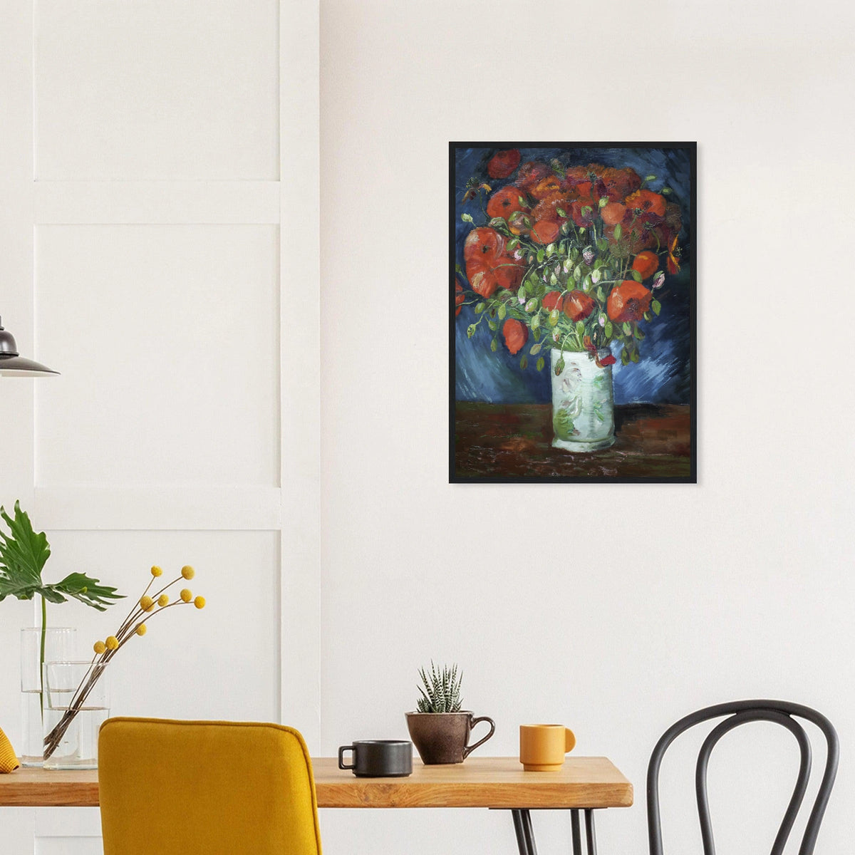 Vase with Poppies in a black frame above a dining table; styled room mockup