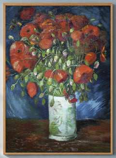 Vase with Poppies Art Print by Vincent van Gogh in a natural wood frame; close-up of the framed artwork.