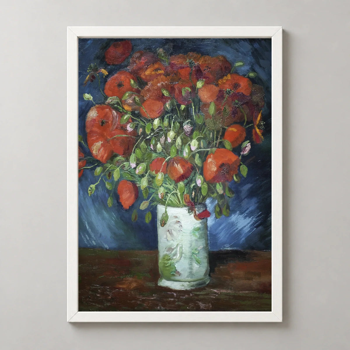 Vase with Poppies Art Print by Vincent van Gogh in a white frame, front view
