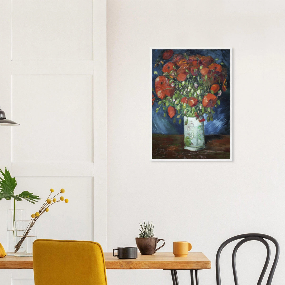Vase with Poppies in a white frame above a dining table; styled room mockup