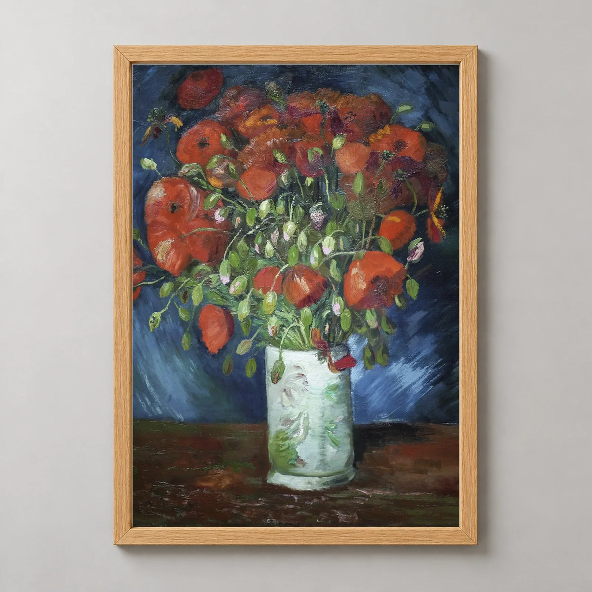 Vase with Poppies Art Print by Vincent van Gogh in a natural wood frame, front view