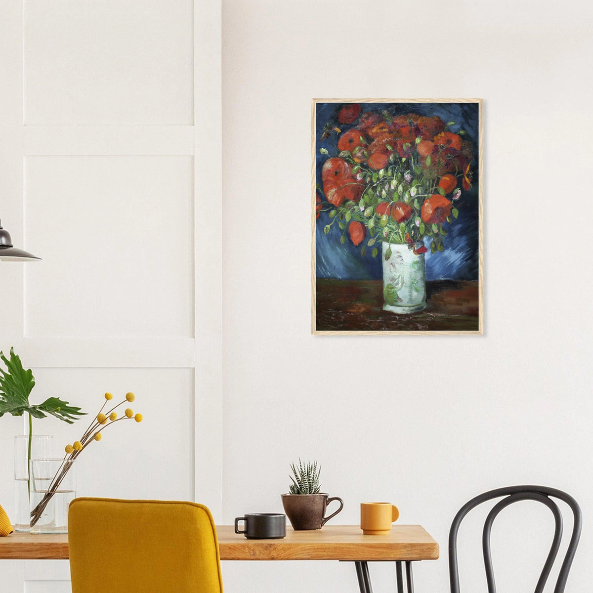 Vase with Poppies in a natural wood frame above a dining table; styled room mockup