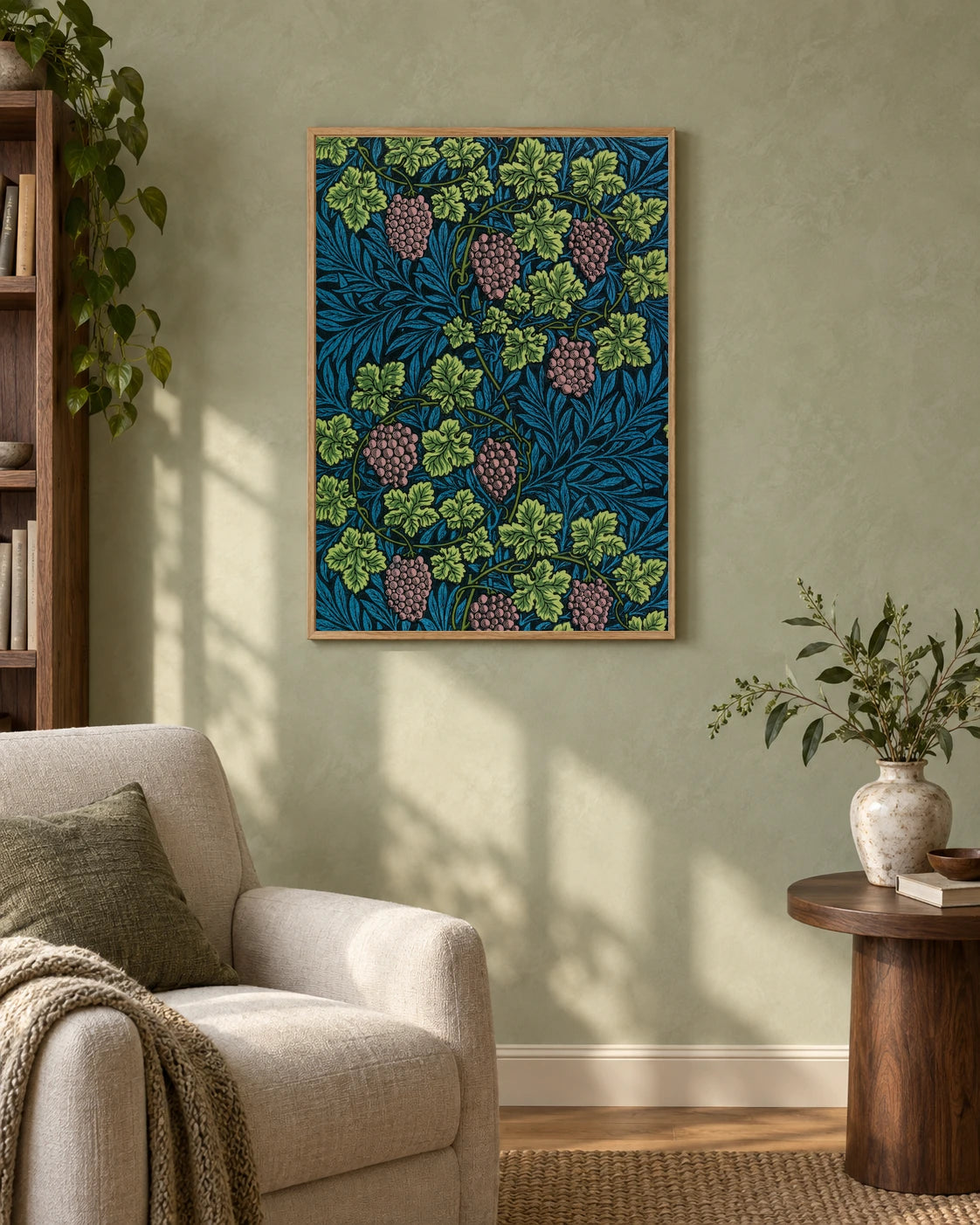Vine Pattern — styled room visualisation in a natural wood frame