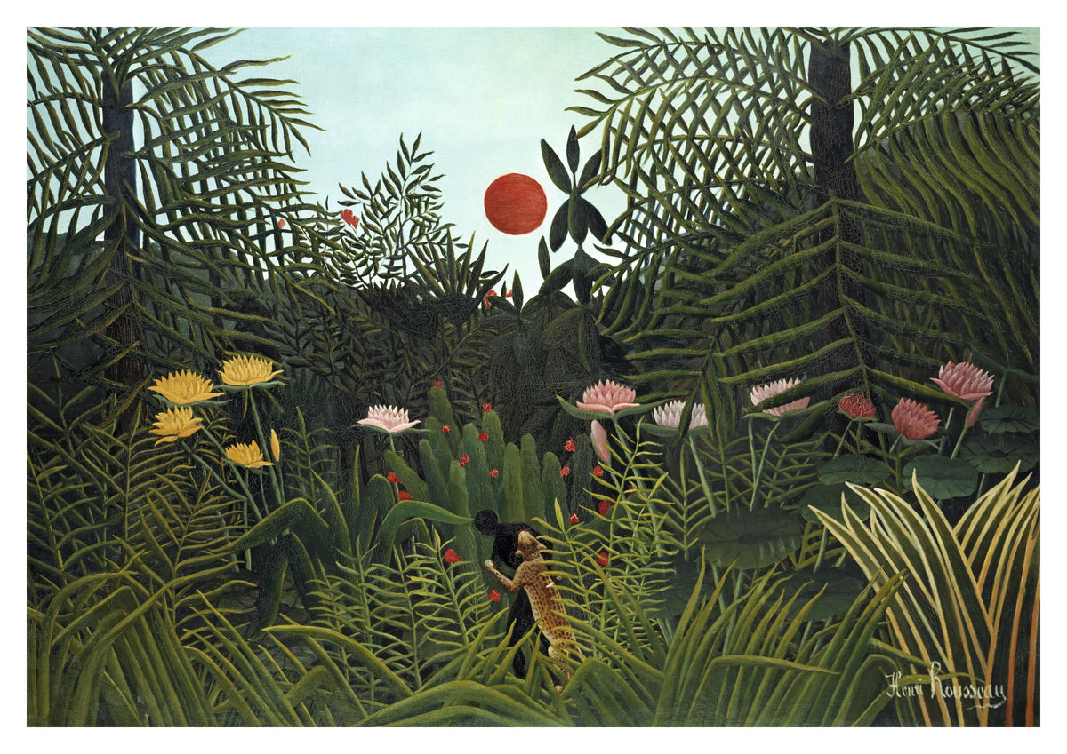 Virgin Forest with Sunset Art Print by Henri Rousseau. Layered tropical leaves and tall flowers surround a small red sun