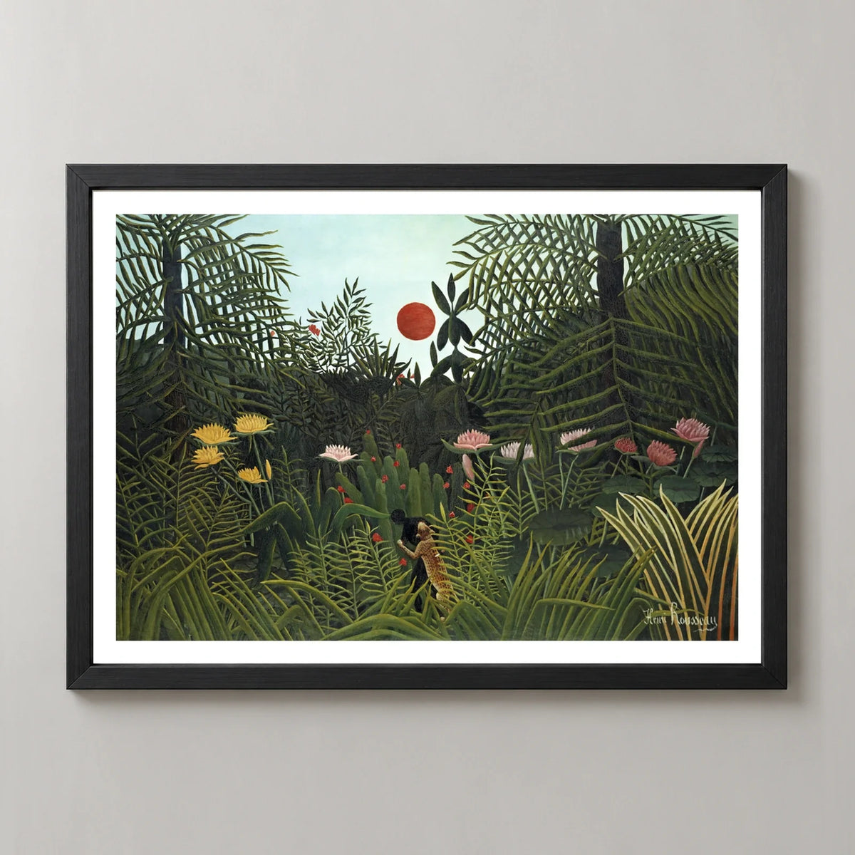Virgin Forest with Sunset Art Print by Henri Rousseau in a black frame, front view