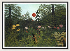 Virgin Forest with Sunset in a black frame; landscape front-view mockup