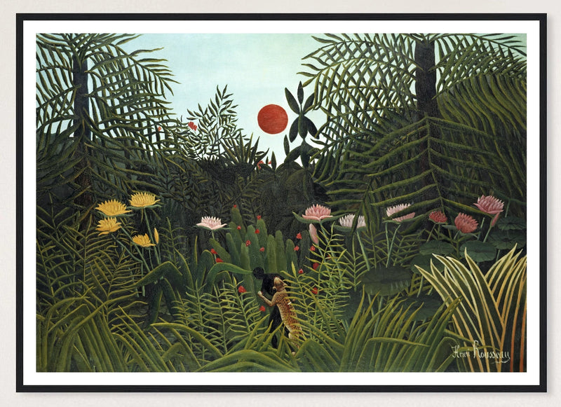Virgin Forest with Sunset in a black frame; landscape front-view mockup