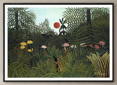 Virgin Forest with Sunset Art Print by Henri Rousseau in a black frame; close-up of the framed artwork.