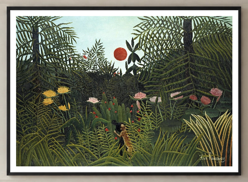 Virgin Forest with Sunset Art Print by Henri Rousseau in a black frame; close-up of the framed artwork.