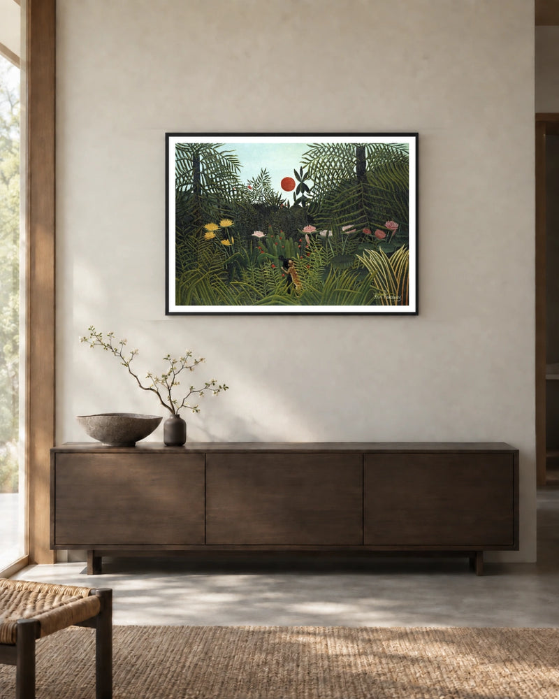 Virgin Forest with Sunset Art Print by Henri Rousseau in a black frame; styled landscape setting.