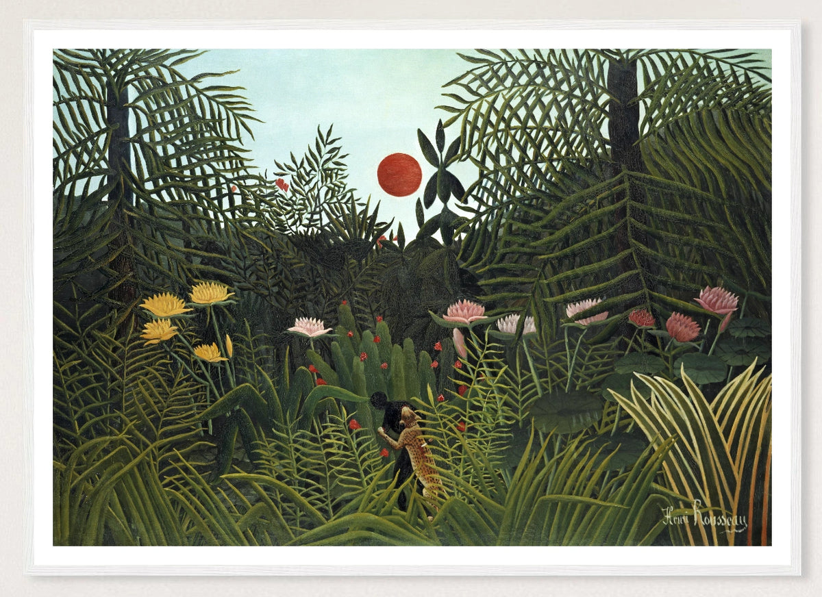 Virgin Forest with Sunset in a white frame; landscape front-view mockup