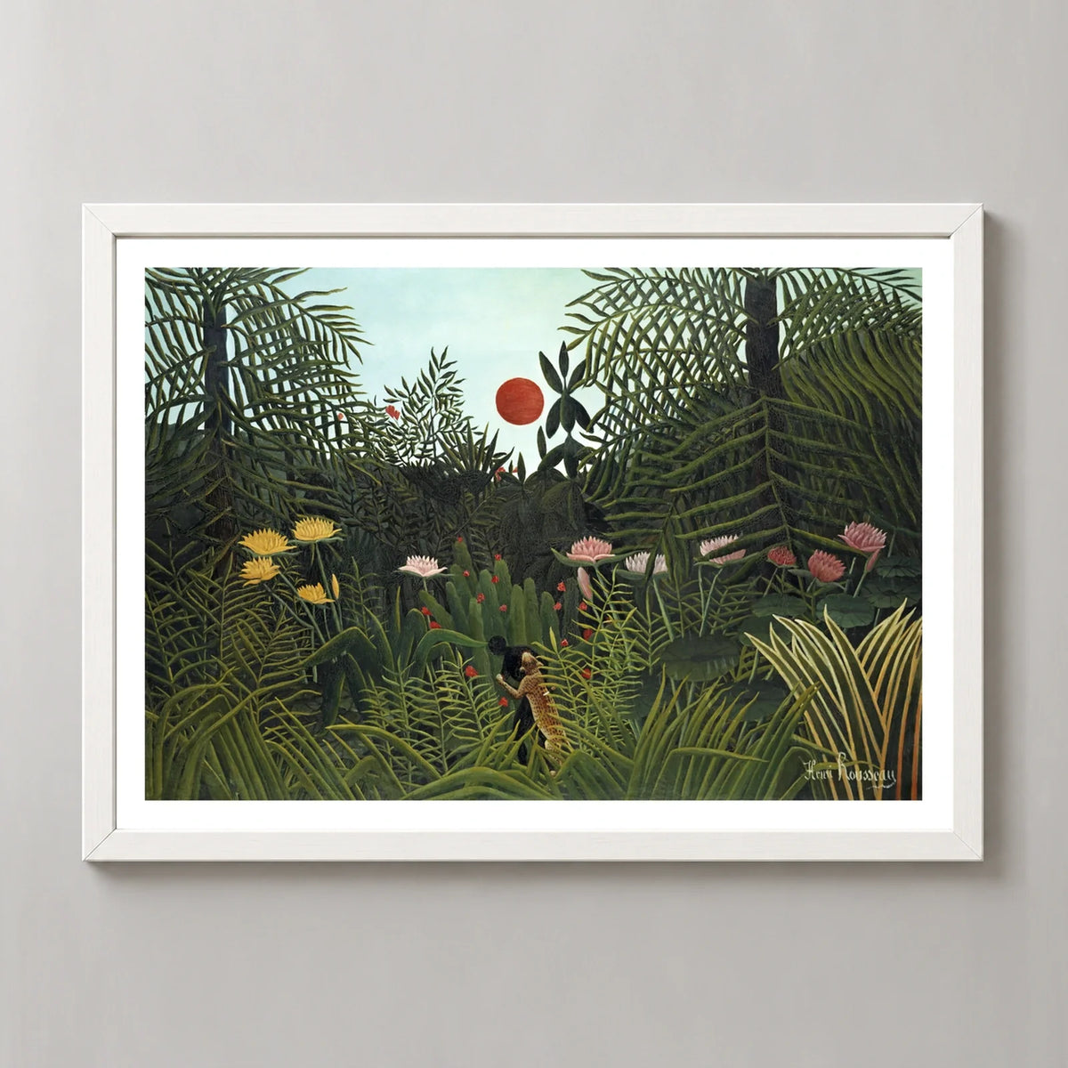 Virgin Forest with Sunset Art Print by Henri Rousseau in a white frame, front view