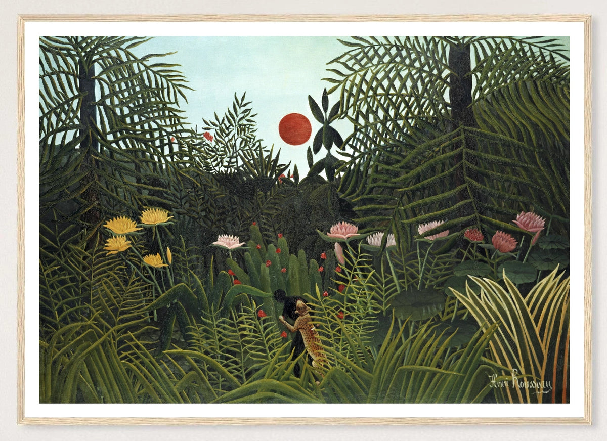Virgin Forest with Sunset in a natural wood frame; landscape front-view mockup
