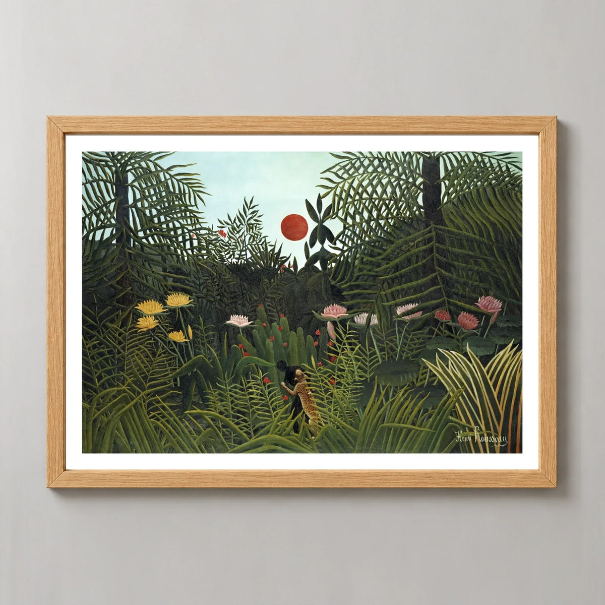 Virgin Forest with Sunset Art Print by Henri Rousseau in a natural wood frame, front view