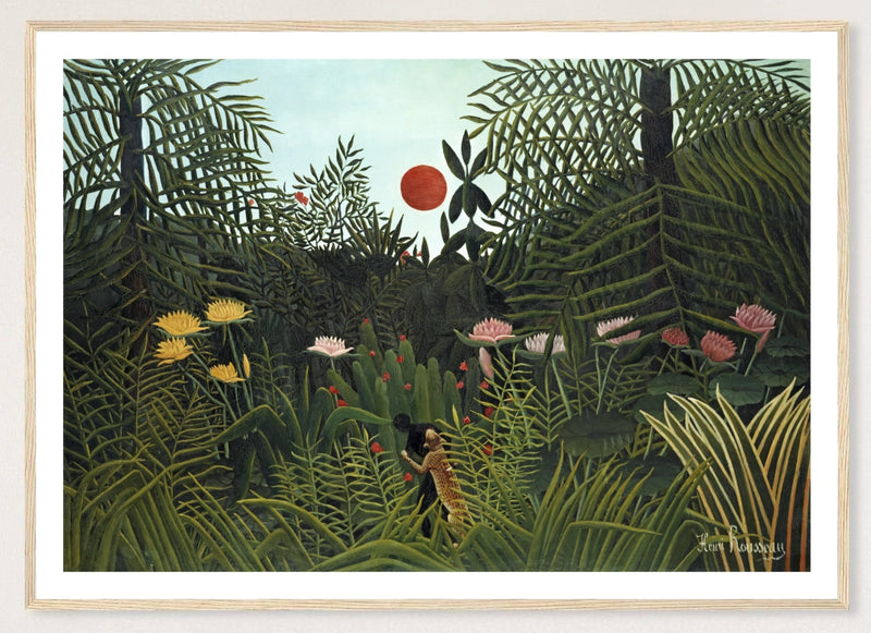 Virgin Forest with Sunset in a natural wood frame; landscape front-view mockup