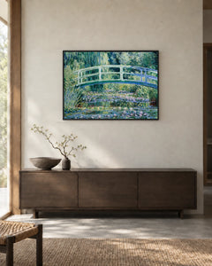 Water Lilies and Garden Bridge — styled room visualisation in a black frame