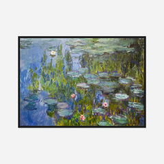Water Lilies in Green and Blue — front view in a black frame
