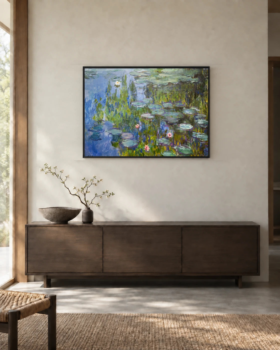 Water Lilies in Green and Blue — styled room visualisation in a black frame