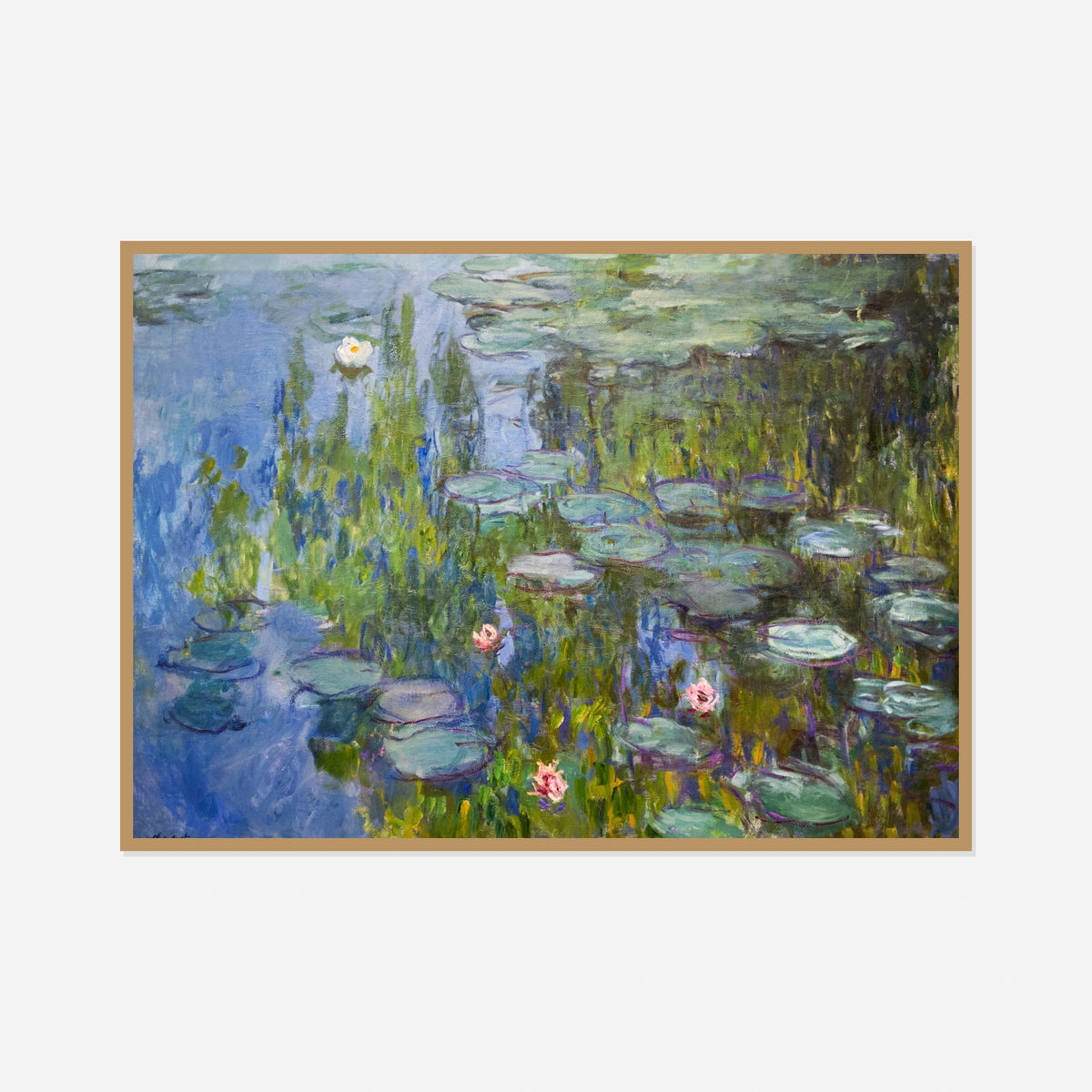 Water Lilies in Green and Blue — front view in a natural wood frame