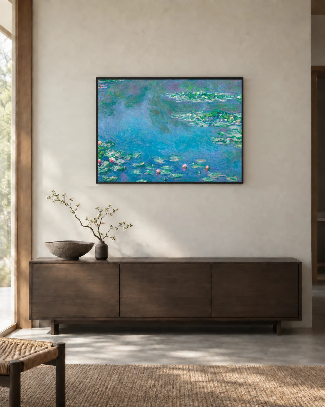 Water Lilies — Reflections — styled room visualisation in a black frame
