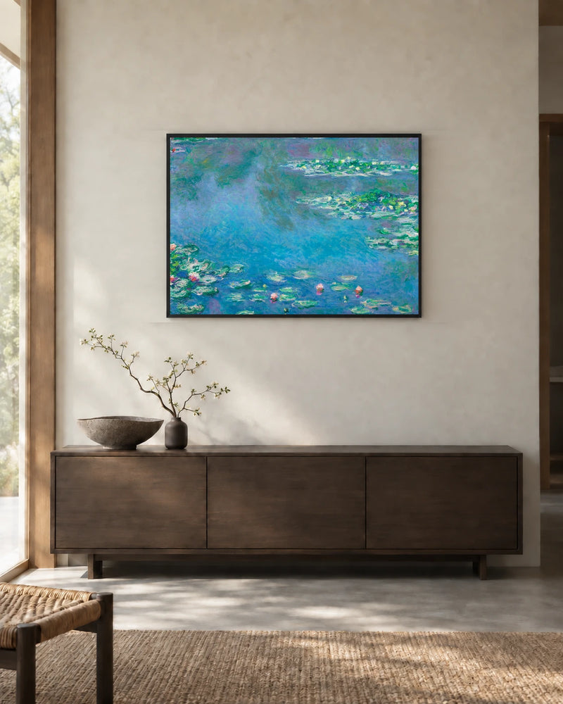 Water Lilies — Reflections — styled room visualisation in a black frame