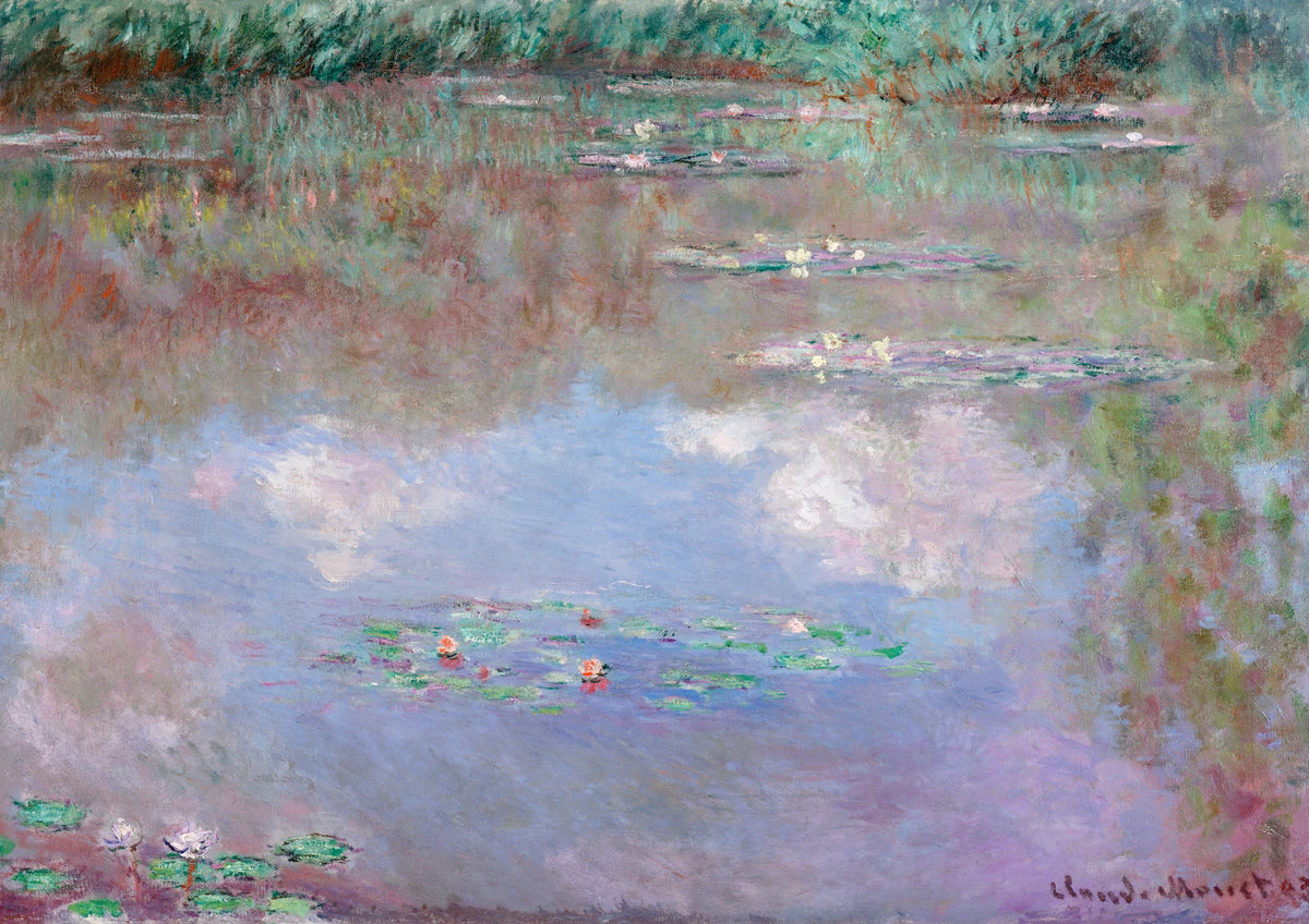 Water Lily Pond in Blue and Mauve — borderless A-series artwork