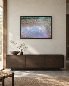 Water Lily Pond in Blue and Mauve — styled room visualisation in a black frame