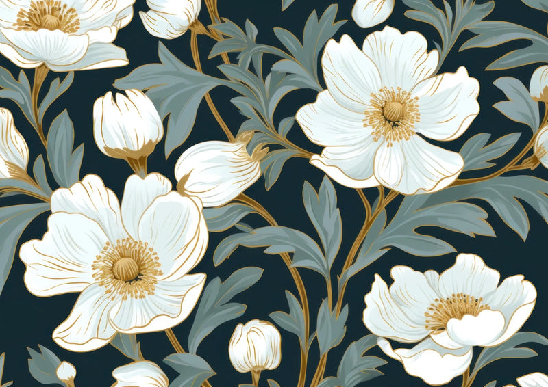 White Flowers on Teal — borderless A-series artwork