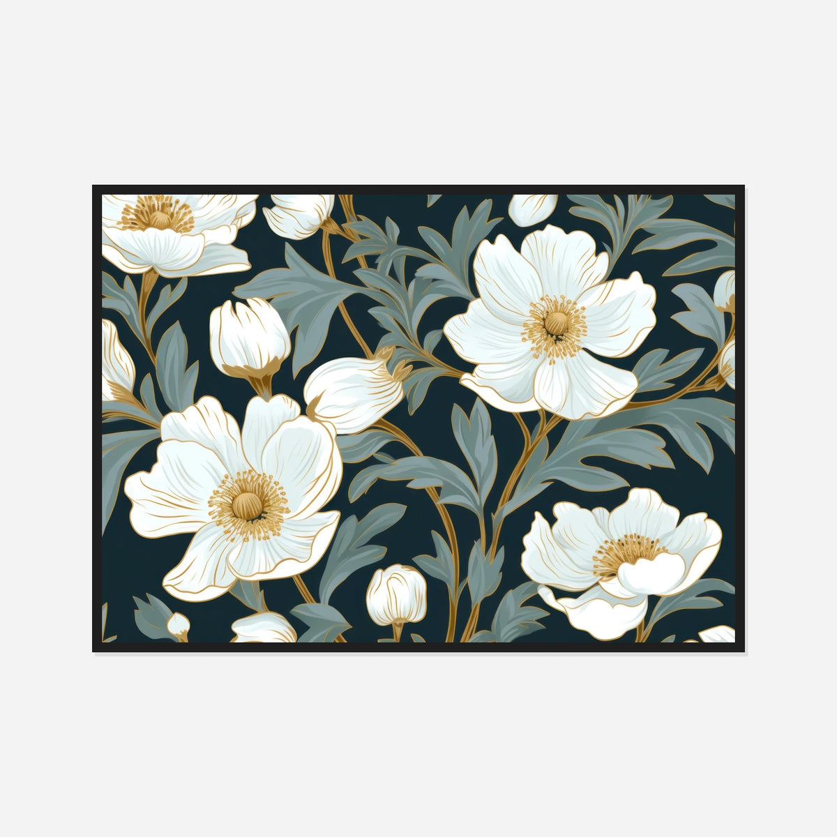 White Flowers on Teal — front view in a black frame