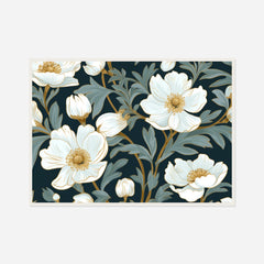 White Flowers on Teal — front view in a white frame