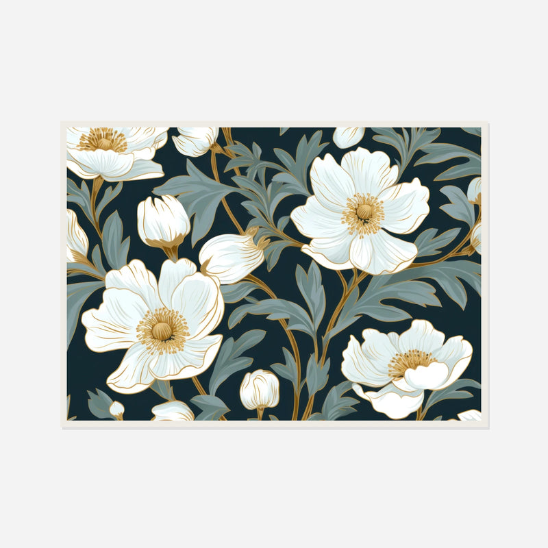 White Flowers on Teal — front view in a white frame