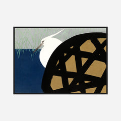 White Heron and Wheel — front view in a black frame
