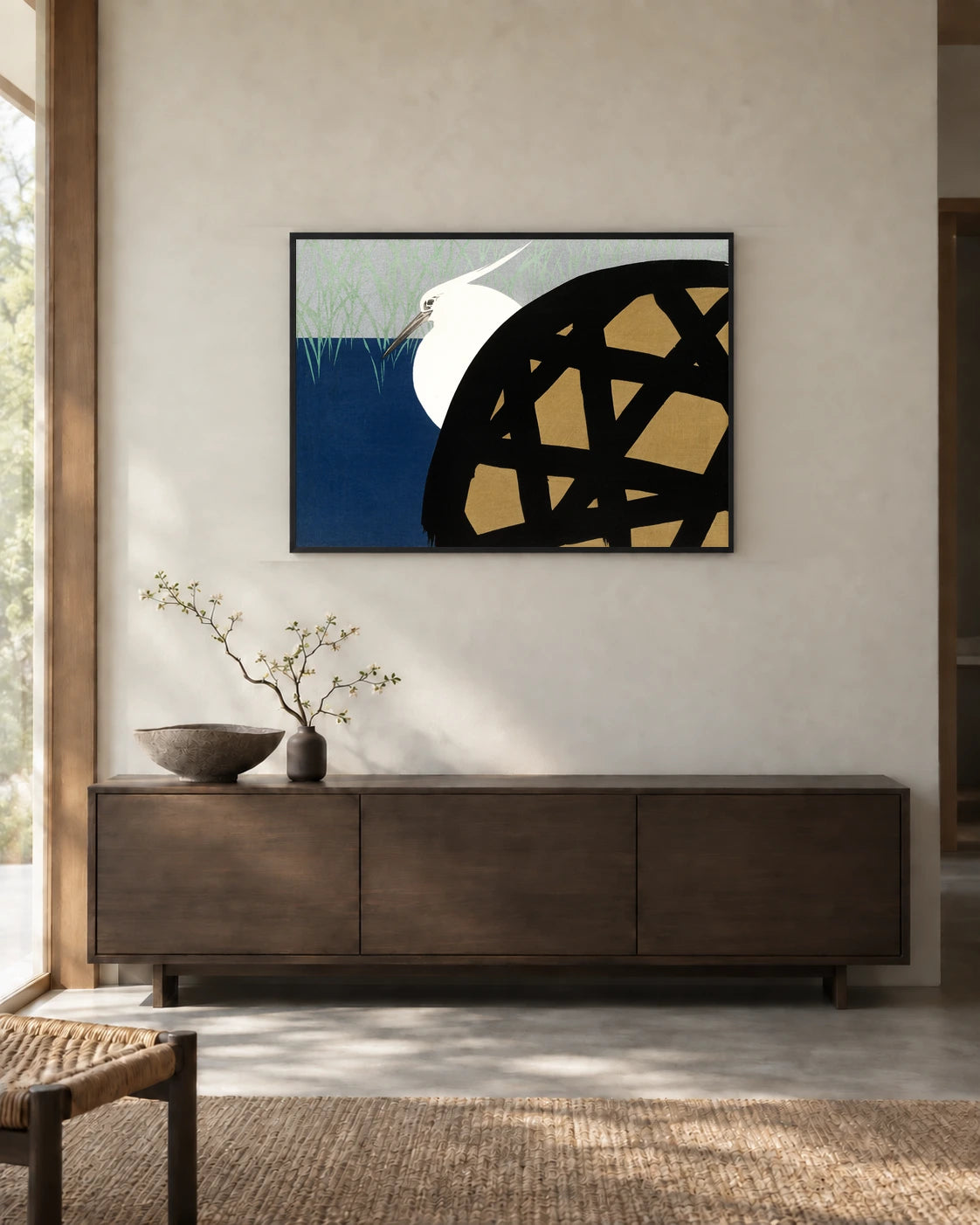 White Heron and Wheel Art Print in a styled interior
