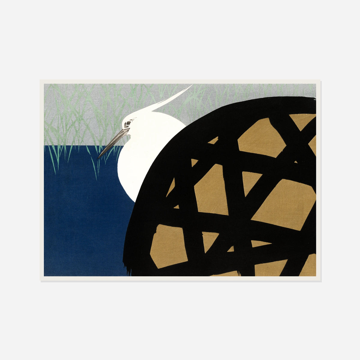 White Heron and Wheel — front view in a white frame