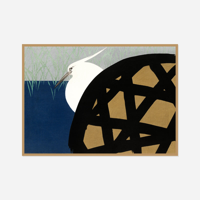 White Heron and Wheel — front view in a natural wood frame