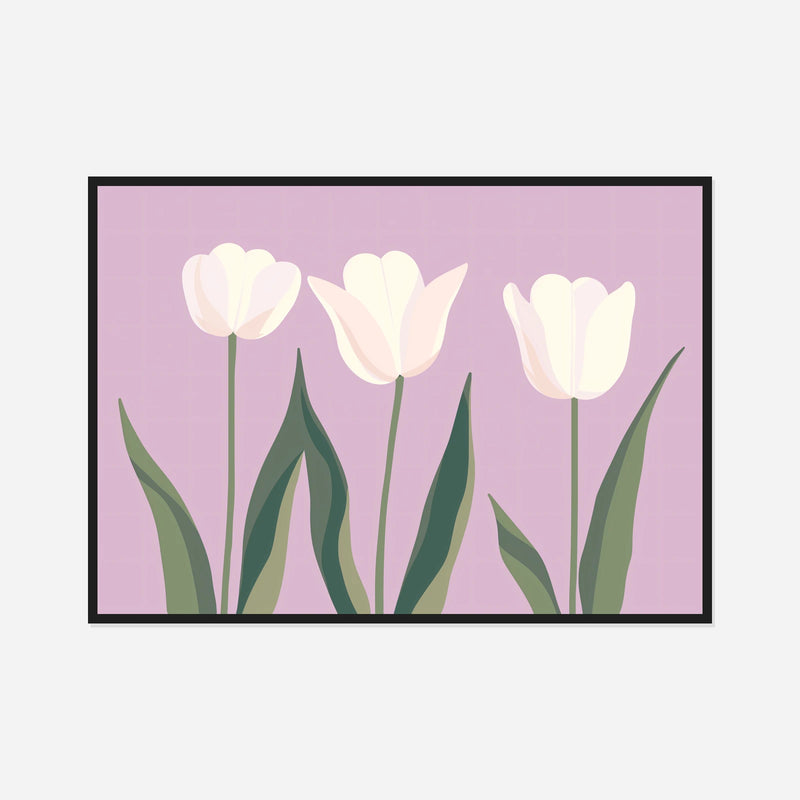 White Tulips on Lavender — front view in a black frame